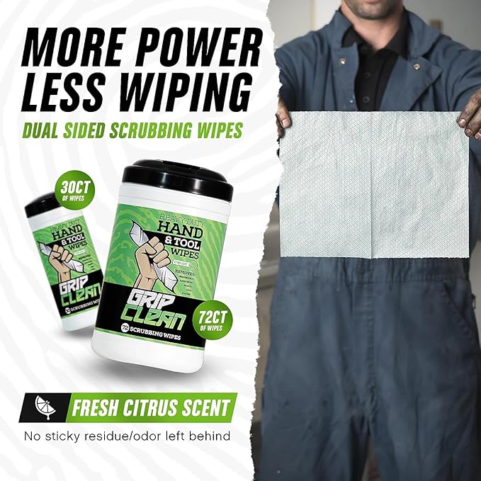 Grip Clean Heavy Duty Hand & Tool Cleaning Wipes – Waterless Hand Cleaner for Mechanics, Garage & Shop Use – Dual-Sided Grease, Oil & Paint Remover Wipes with Citrus Scent - 30ct (6 Pack)