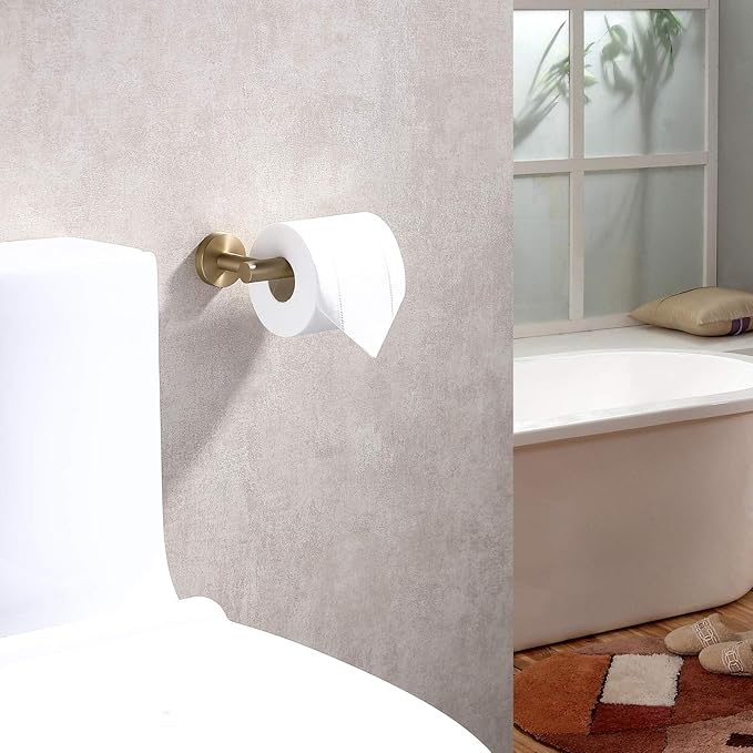 TASTOS Brushed Gold Toilet Paper Holder SUS304 Stainless Steel, Modern Round Tissue Roll Holders Wall Mount, Toilet Paper Roll Dispenser Bathroom 5 inch TP Holder for Kitchen Washroom