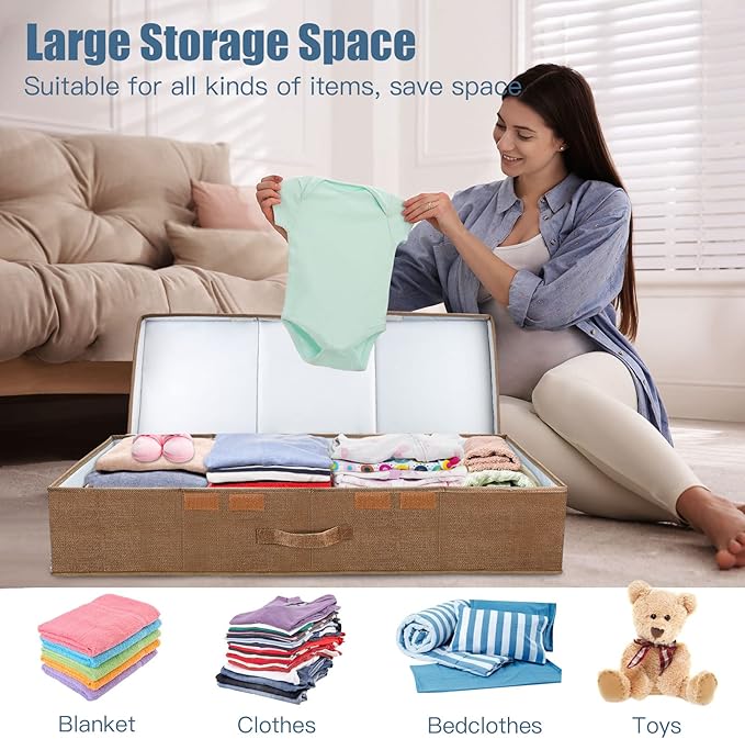 Underbed Storage Containers Bin with Lids (2pcs) Large Under Bed Storage Organizer Box with Handle, Foldable Under the Storage Bags for Organizing Clothes, Shoes, Blankets, Pillows-Dark brown
