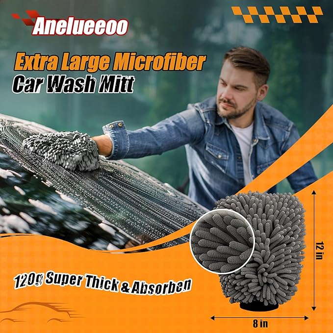 Car Wash Mitt Microfiber, Premium Chenille Microfiber Wash Car Mitts Sponge Scratch Free & Lint-Free, Mitts Waterproof Lining 4 Pack Gray(8''X12'')