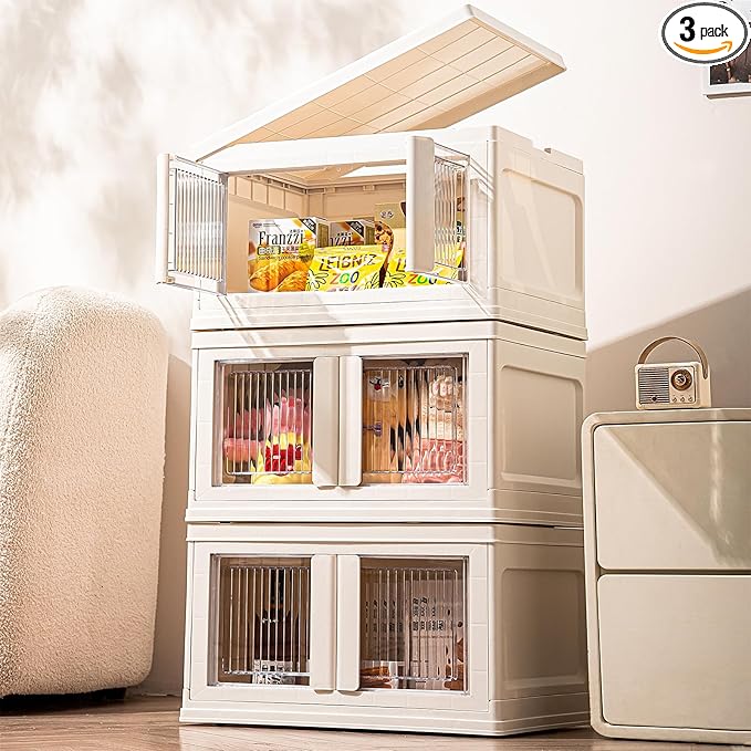 3 Tier Plastic Storage Bins with Lid，Stackable Storage Containers with Wheels, Folding Storage Boxes, Stackable Storage Bins, Closet Organizers and Storage for Living Room,Office,Dorm