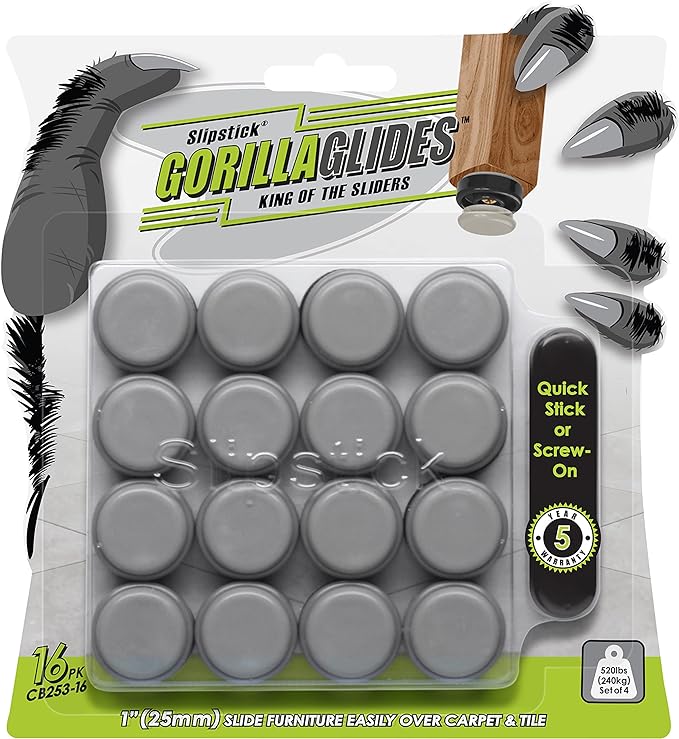 GorillaGlides 1 Inch Chair Sliders/Furniture Floor Protectors (16 Furniture Glides) Self-Adhesive Screw On Chair Glides for Sliding on Low-Pile Carpet & Hard Surface Floors, Round