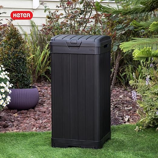 Keter Baltimore Resin 38 Gallon Outdoor Kitchen Trash Can with Lid and Drip Tray for Easy Cleaning-Perfect for Patio Dining, Black