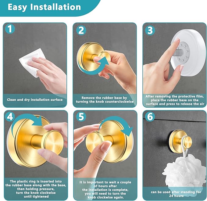 Suction Cup Hooks for Shower,Wreath Hanger for Front Door,Removable No Drill Waterproof Towel Loofah Hook,Upgraded 15 lbs Strong Suction Metal Hooks for Bathroom,Wall,Garland Glass Door-Gold 4 Pcs