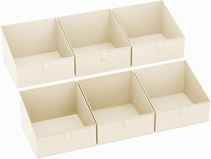 DIMJ Clothing Organizer Storage Boxes - 6 Packs Fabric Traprzoid Storage Bakskets, Fabric Bins for Closet with Front Handle, Closet Cubes Organizer for Parents Renters Students RV Owners (Beige)