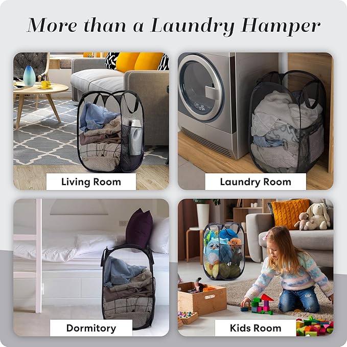Handy Laundry Collapsible Mesh Pop Up Hamper with Wide Opening and Side Pocket - Breathable, Sturdy, Foldable, and Space-Saving Design for Clothes and Storage (Black | 2-Pack)