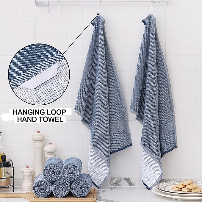 Homaxy Premium Kitchen Towels(18”x 28”, 6 Pack), Large Cotton Kitchen Hand Towels, Flat and Terry Dish Towels, 380 GSM Highly Absorbent Tea Towel Set with Hanging Loop, Navy Blue