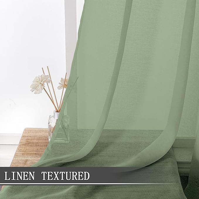 Tollpiz Short Sheer Curtains Linen Textured Bedroom Curtain Sheers Light Filtering Rod Pocket Voile Curtains for Living Room, 54 x 45 inches Long, Sage Green, Set of 2 Panels