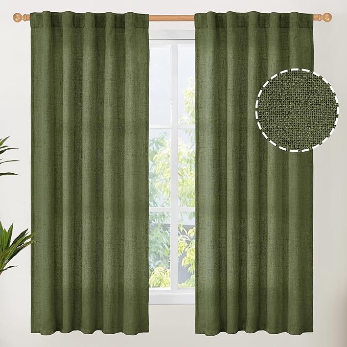 YoungsTex Olive Green Linen Curtains 63 Inch Length for Living Room, Rod Pocket Back Tab Light Filtering Drapes Semi Sheer Window Treatments for Bedroom Farmhouse, 2 Panels, 42 X 63 Inch