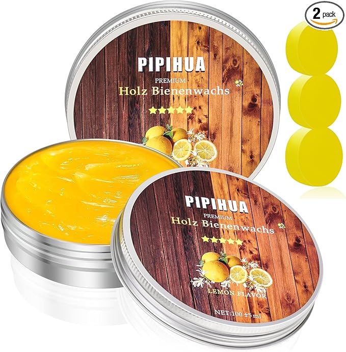 PIPIHUA Beeswax Polish and Conditioner for Wood Furniture - Waterproof & Restorer Wood Wax, Multipurpose Beeswax Furniture Polish and Cleaner for All Types and Colours, Lemon(2×100g with 3 Sponges)