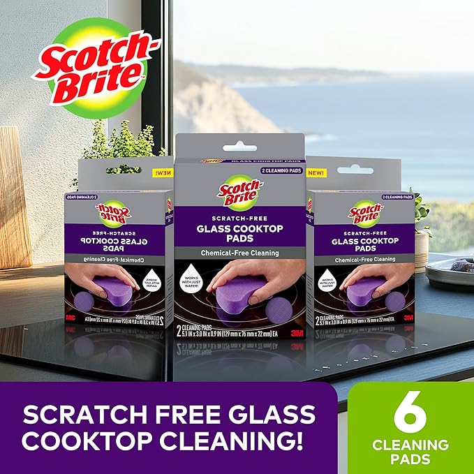 Scotch-Brite Glass Cooktop Pads, Scratch-Free & Non-Abrasive Scrubbers for Glass or Ceramic Stovetops, Cleans Burnt-On Messes with Just Water, Reusable Dishwasher-Safe Design (6 Pads)