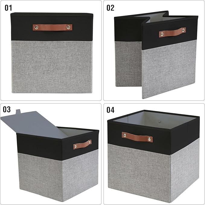 Collapsible Fabric Storage Cube Bins with 2 Reinforced PU Handles, Foldable Storage Organizer Baskets for Closet, Shelves, Living Room | 11"x11"x11", 4 Pack, Black & Gray