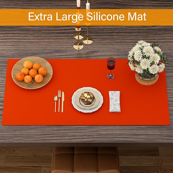 Quality Silicone Table Mat 47x24 Inch - High Heat Resistant (Lab Tested 482°F), Non-Slip Oil-Resistant Surface for Baking & DIY | Waterproof & Easy Clean (Orange)