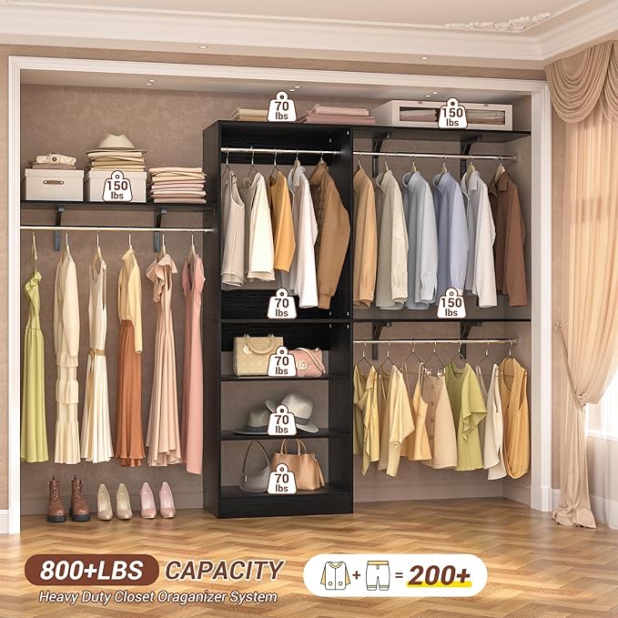 8FT Closet System with Shelves, 96'' Closet Organizer System with 3 Hanging Rods, Wall Mount Bedroom Wardrobe Walk-in Closet, Adjustable Cloth Garment Rack from 5 to 8FT (Cut to Fit), Black