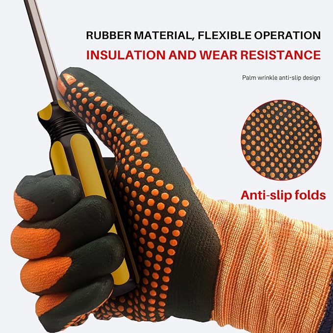 Electrical Insulated Gloves, 500V High Voltage Resistance Electrician Safety Gloves, Rubber Non Slip Work Gloves (500V|nylon insulated, Large)
