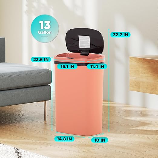 Automatic Motion Sensor Bathroom Trash Can with Lid, 13 Gallon Touchless Trash Bin, Smart Dog Proof Garbage Can, Touch Free Waste Basket for Toilet, Office, Bedroom,Pink