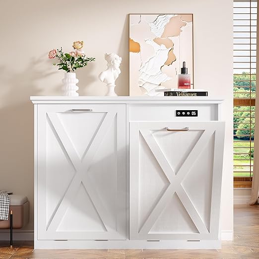 Betterhood Tilt Out Trash Can Cabinet, Hidden Trash Bin with Deodorizing & Negative Ion System, Pet-Proof Kitchen Waste Cabinet for Kitchen, Dining Room, Living Room (White, 2 * 10 Gallons)