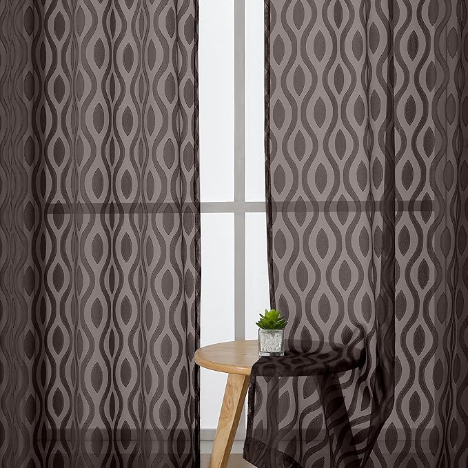 Aiyufeng Sheer Brown Curtains 54 Inch Length 2 Panels - Soft Lightweight Clip Jacquard Textured Farmhouse for Bedroom, Modern Wavy Line Voile for Living Room, 40Wx54L Inches