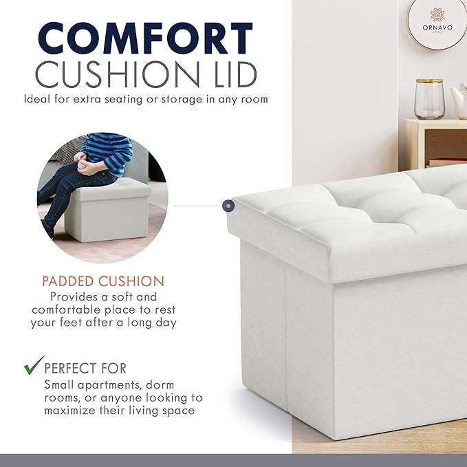 Ornavo Home Small Storage Ottoman Foldable Collapsible Rectangle Linen Ottoman Foot Rest Stool Seat, for Living Room, Bedroom, Home Office, Dorm - 12 x 16 x 12, White