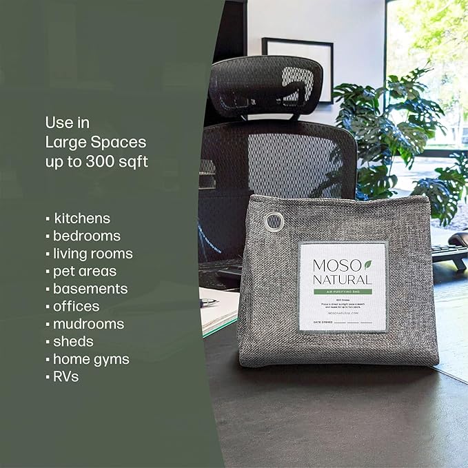 Moso Natural Air Purifying Bag 600g (21oz) Premium Bamboo Charcoal Odor Absorber | Room Deodorizer for Large Spaces, Bedroom, Kitchen, Basement | Pet Odor Eliminator for Home | Unscented (5 Pack)