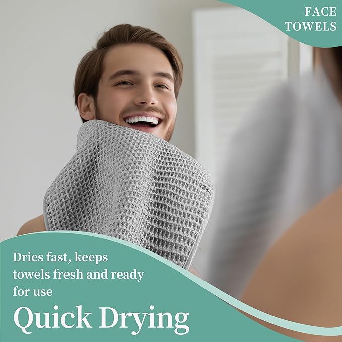 Microfiber Waffle Face Towels, 2 Pieces, Soft, Absorbent, Fast Drying, Lint Free (Silver)