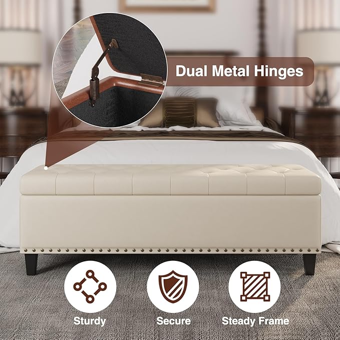Storage Ottoman Bench, 51-Inch Large Storage Bench for Bedroom End of Bed, 30 Gallons Faux Leather Bench for Bedroom, Living Room, Entryway, Hallway, Cream White