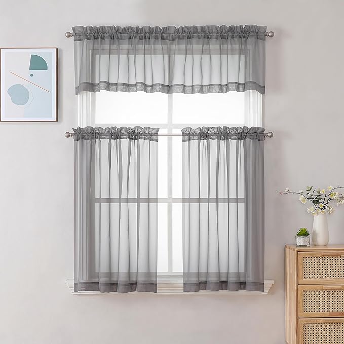 Chyhomenyc Sheer Window Curtains Tier 2 Pieces Set, 36 inch Length, Short Dining Curtains Window Treatment for Small Windows/Bathroom/Cafe/Living Room, Rod Pocket, Charcoal Grey