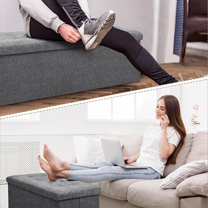 Athena Collection 43" Storage Ottoman Bench Folding Bench with 130L Hidden Storage, Large End of Bed Bench Linen Foot Rest Stool Chest with Flipping Lid for Living Room, Bedroom, Entryway, Dark Gray