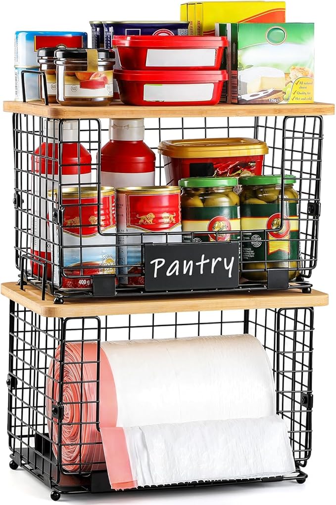 Upgrade Larger, Fit 13/30/33+ Gallon Trashbag Perfectly - 1 SET Stackable Trash Bag Holder with Tags & Bamboo Top, Garbage Bag Dispenser Stand, Kitchen Pantry Under Sink Laundry Room Organizer Basket