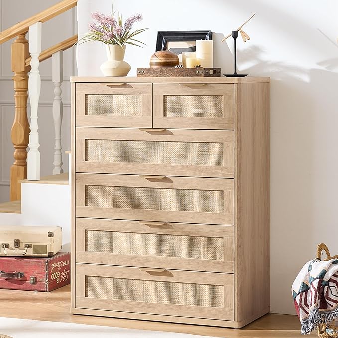 LEYAOYAO Rattan Dresser for Bedroom, 42" Tall Chest of Drawers, Modern 6 Drawers Boho Dressers with Storage, Light Oak Dresser Wooden Closet Organizer for Living Room, Hallway, Natural Wood