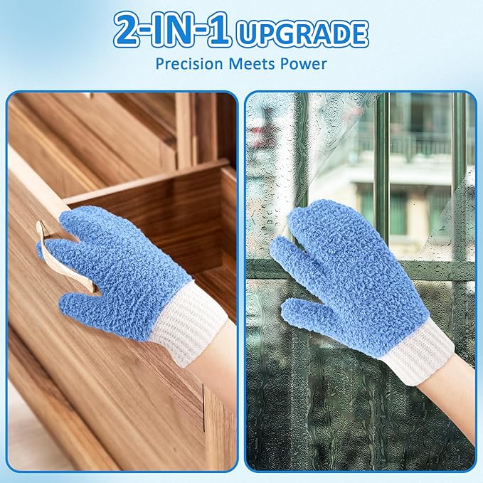 MIG4U Microfiber Dusting Gloves House Cleaning Glove for Blinds, Windows, Shutters, Furniture, and Car, Reusable Lint-Free Blue S/M