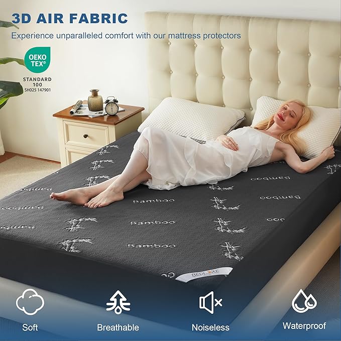 BEDLORE Twin Size Mattress Protector Waterproof, Mattress Pad Fitted 6-15 Inch Deep Pocket, 3D Air Fabric Soft Double Bed Mattress Cover Noiseless Washable for Bedroom, Hotel, Gray