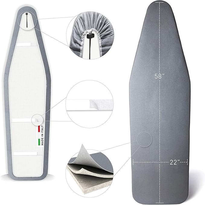 TIVIT Ironing Board Cover 22 x 58, Made in Italy. Pro Grip Pad Covers w/3 Fastener Straps & Pull Bungee Cord - Durable Scorch & Stain Resistant Padded Layers, Heat Reflective AlumiTek PRO Top Coat