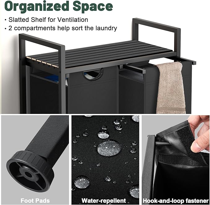 Laundry Hamper, Laundry Sorter with 2 Pull-Out Removable Oxford Fabric Bags Cloth Laundry Basket 2 x 10 Gallons (Charcoal Black)