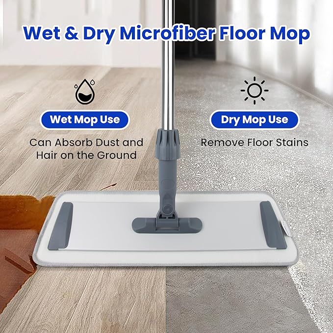 Microfiber Flat Mop for Floor Cleaning - Wet & Dry Mop for Hardwood, Vinyl, Tile Floors with 4 Reusable Washable Pads, Stainless Steel Adjustable Handle, 360° Rotatable Head