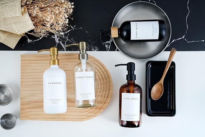 Emerson Essentials Dish Soap Dispenser for Kitchen, Dispenser Bathroom Set, Hand Soap Dispenser, Hand Wash and Dish Soap Set - Glass Dispenser with Pump and Labels