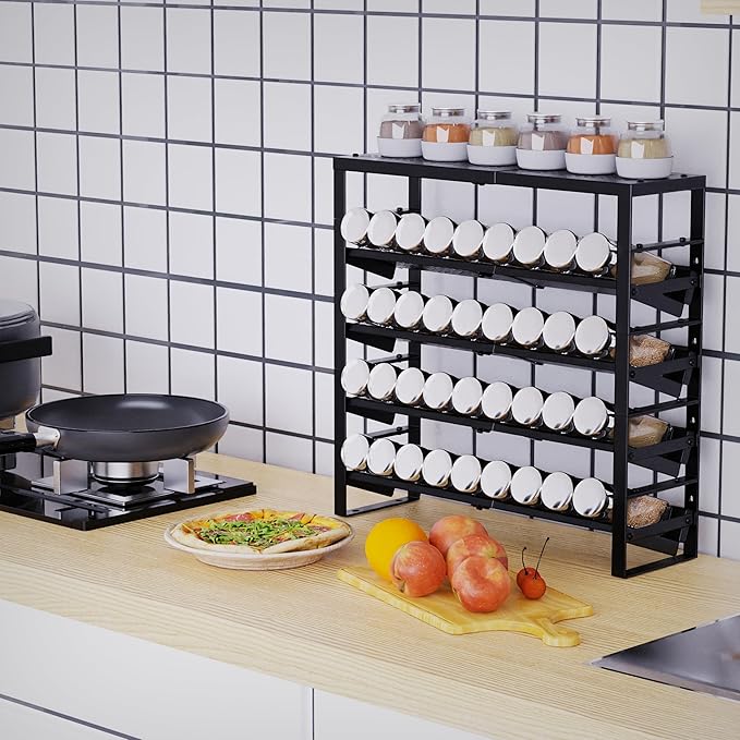 Expandable, Stackable, Adjustable Spice Rack kitchen Organizer,Metal Pantry Storage Shelves - Multi-Tier Shelf for Cabinet, Countertop, Pantries, Cupboard or Wall Mount,Black