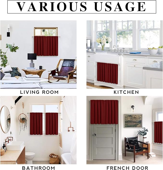 RYB HOME Curtains for Bedroom 63 inches Long, Blackout Thermal Insulating Window Treatment Drapes for Living Room Bathroom Basement Laundry Classroom, W 34 x L 63, Burgundy Red, 2 Panels
