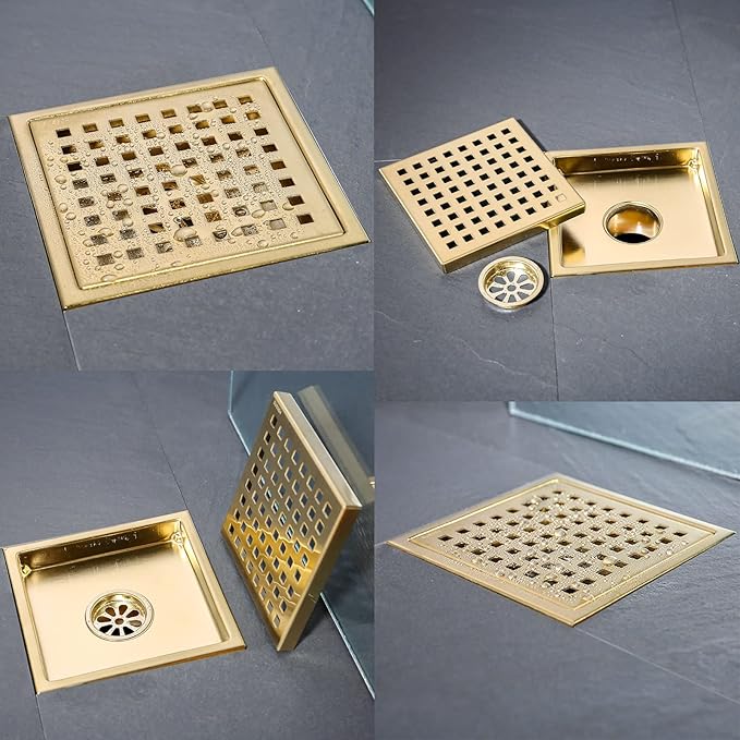 RANDOM Brushed Gold Shower Drain Square 6 Inch Shower Floor Drain with Grid Grate & Removable Hair Strainer 304 Stainless Steel Shower Drain Cover Bathroom Accessories.98738BG