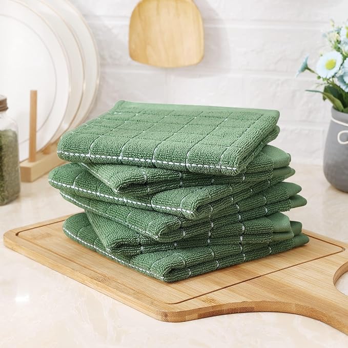 Homaxy 100% Cotton Terry Kitchen Dish Cloths, Ultra Soft and Absorbent Dish Towels for Kitchen, Suitable for Drying and Washing Dishes, 8 Pack, 12 x 12 Inches, Grass Green
