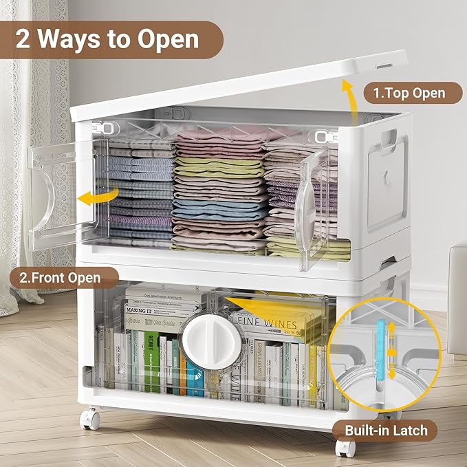 BROVIEW 360Qt Lockable Stackable Storage Bins with Lids, Closet Organizers and Storage Drawer, Collapsible Storage Bin with Wheels, Plastic Cabinet for Toy Clothes Dorm Organizer, V9 3 Pack White