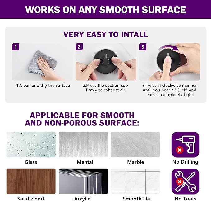 JOMOLA Stainless Steel Bathroom Suction Hooks - No Drill Adhesive-Free Wall Mount for Shower, Towel & Robe, Rustproof Metal Hardware with Damage-Free Grip, Matte Black (2-Pack)