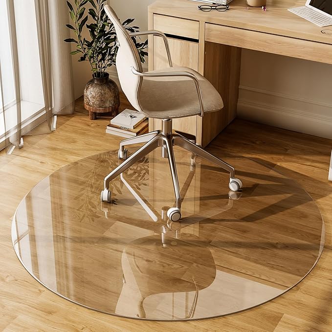 GLSLAND Round Tempered Glass Floor Mat - 55" Office Chair Mat for Carpet Clear Glass Mat 1/5" Thick for Hardwood Floor/Carpeted Floors