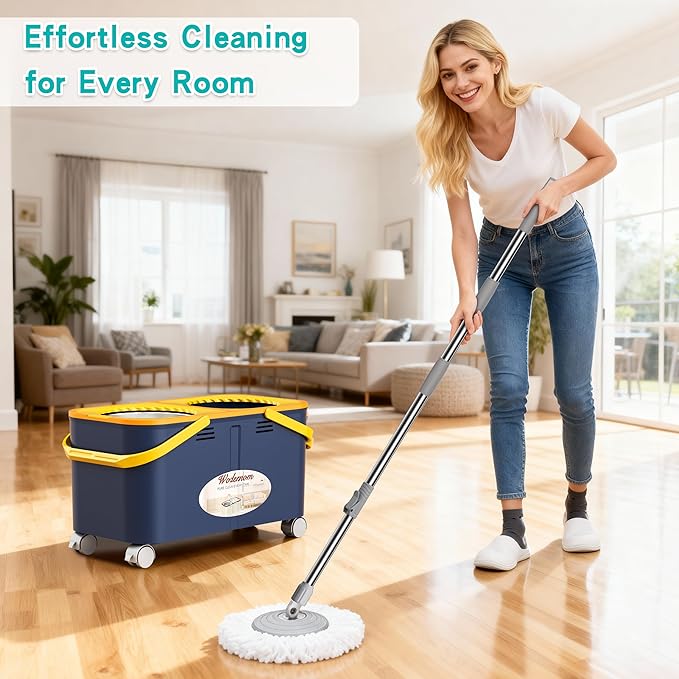 Mop and Bucket with Wringer Set for Home, Spin Mop and Bucket Separate Clean and Dirty Water, Mops for Floor Cleaning with 360°Swivel Wheels & 1 Reusable Microfiber Mop Heads- Blue/Yellow