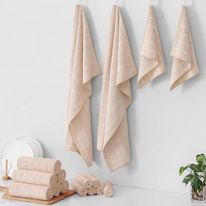 Homaxy Microfiber Kitchen Towels and Dishcloths Set, 16 Pack Soft and Absorbent Dish Hand Towels Bulk, 28 x 16 Inch & 12 x 12 Inch Quick Drying Rags for Washing Dishes, Beige