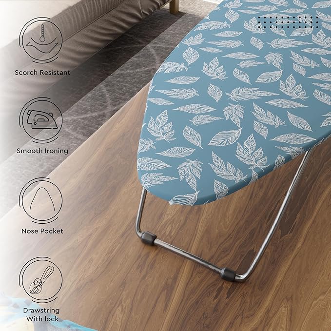 Encasa XO Ironing Board Cover and Pad 28"x12" - Thick 3mm Felt Padding, Drawstring Tightening & Lock, Easy Fit, Scorch & Stain Resistant, Fits Mini Ironing Board - Big Leaves Blue