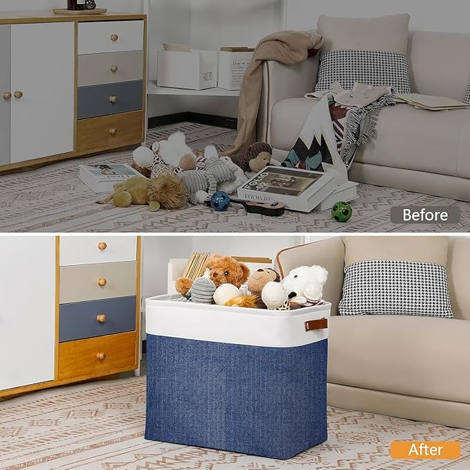 DULLEMELO Large Storage Basket 17"x12"x15",Fabric Organizer Bin for Storage Clothes, Toys, Books,Storage Bin with Handles for Bedroom, Closet, Nursery (White&Blue,1 Pack)