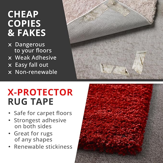 X-Protector Rug Tape for Carpet - 8 Pcs Set - White Anti-Slip & Anti-Curling Carpet Tape for Rugs - Premium Rug Pad Gripper - Ideal Carpet Corner Grippers to Keep Your Rugs & Make Corners Flat