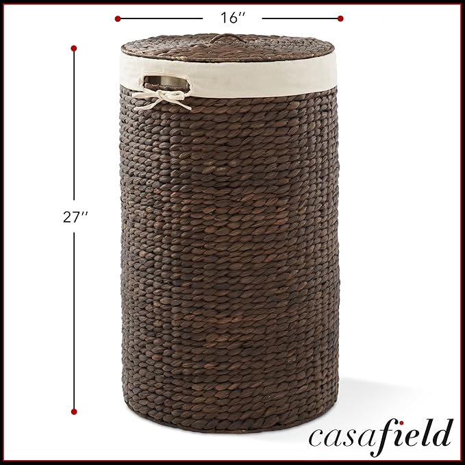Casafield Round Laundry Hamper with Lid and Removable Liner Bag - Espresso, Woven Water Hyacinth Wicker Laundry Basket for Clothes and Towels