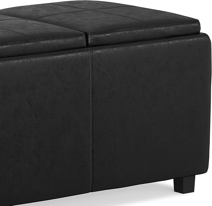 SIMPLIHOME Avalon 42 inch Wide Contemporary Rectangle Storage Ottoman in Distressed Black Vegan Faux Leather, Assembled, For the Living Room, Entryway and Family Room